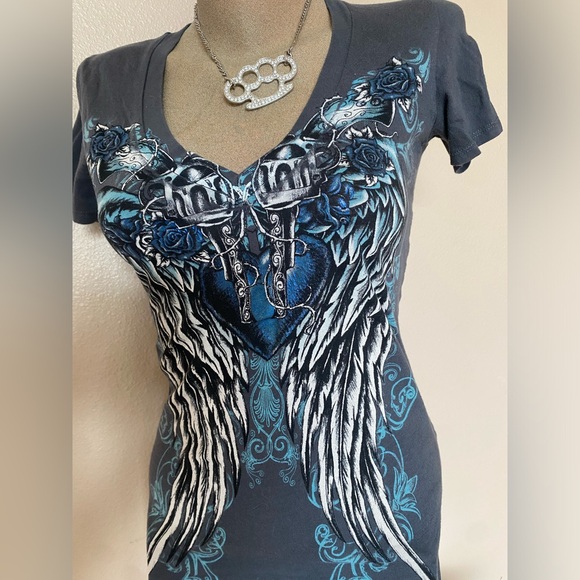 Y2k Grunge Blue & Grey Fitted V Neck Tee Guns, Roses, Hearts & Wings Design - Picture 2 of 7